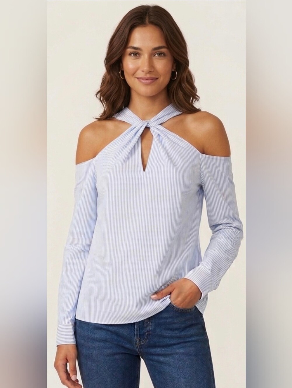 Rag & Bone Light Blue Cold-Shoulder Tie-Neck Women's Top